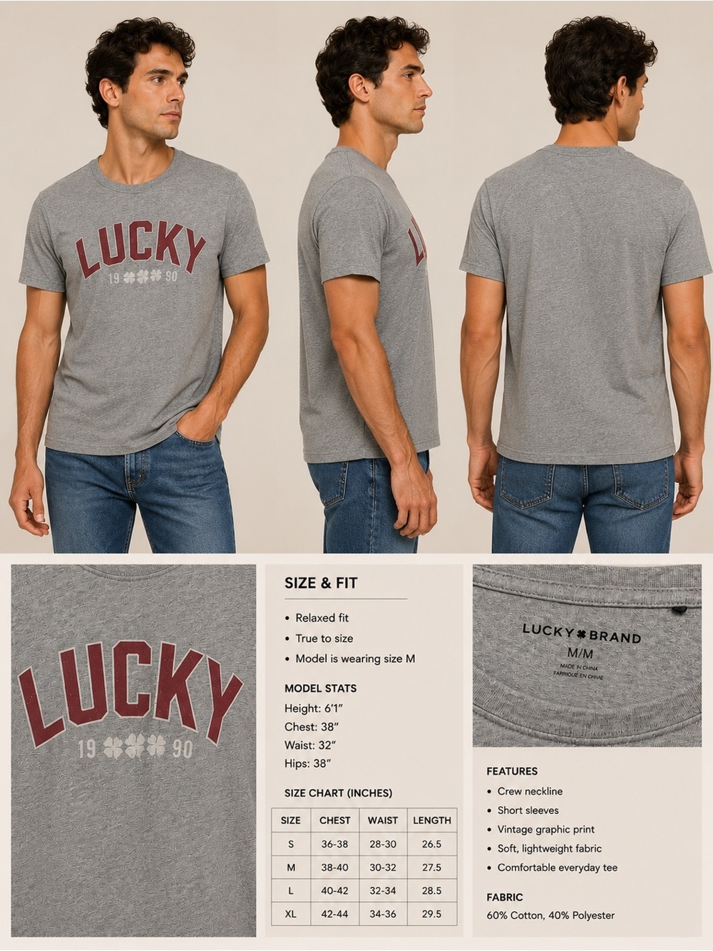 Lucky Brand Gray Short Sleeve 'LUCKY' Graphic Tee with Maroon Print